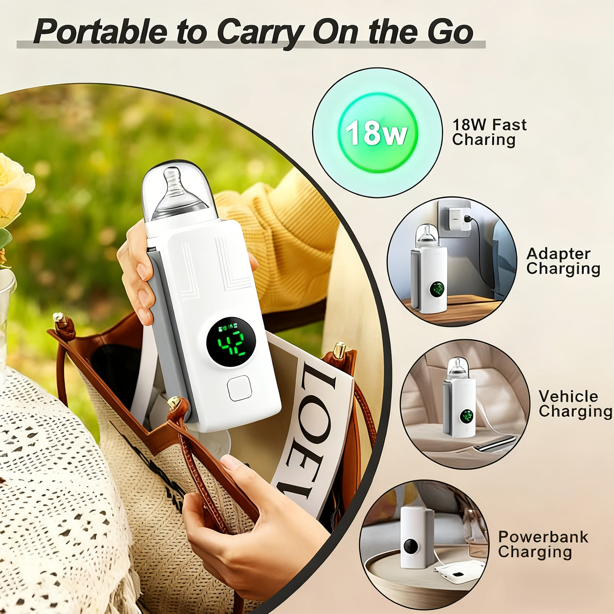 Cordless Bottle Warmer Sleeve for Breastmilk, USB Rechargeable 2000mAh Portable Milk Heater and Insulating Wrap in White for Home and Outings