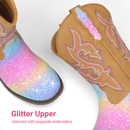 Kids Glitter Cowgirl Boots, Sparkly Western Mid-Calf Pull-On Shoes with Embroidered PU Upper, Round Toe and Easy-Grip Tabs for Girls’ Dance, Dress-Up, Parties & Everyday Play