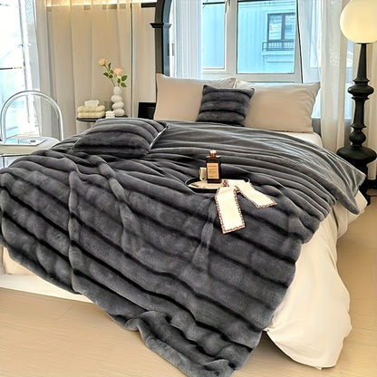 Striped Faux Rabbit Fur Throw Blanket with Flannel Back, Double-Sided Sofa and Bed Cover in Throw, Twin XL, Queen or King Sizes and Multiple Colors