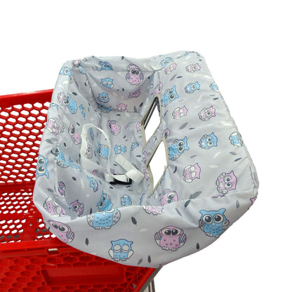 Padded Baby High Chair and Shopping Cart Seat Cover, Machine-Washable Portable Cushion with Attached Storage Bag in Grey Flower or Blue Owl