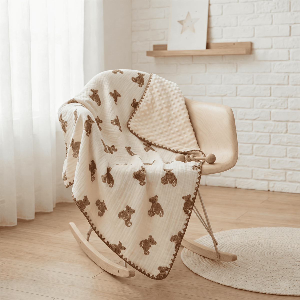 Double-Layer Baby Blanket with Cotton Gauze and Minky Dot Backing, 39.37 x 39.37 Inch Newborn Wrap in Bear, Rabbit and Dinosaur Prints