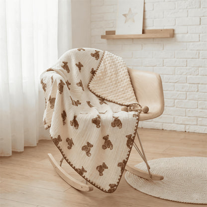 Double-Layer Baby Blanket with Cotton Gauze and Minky Dot Backing, 39.37 x 39.37 Inch Newborn Wrap in Bear, Rabbit and Dinosaur Prints