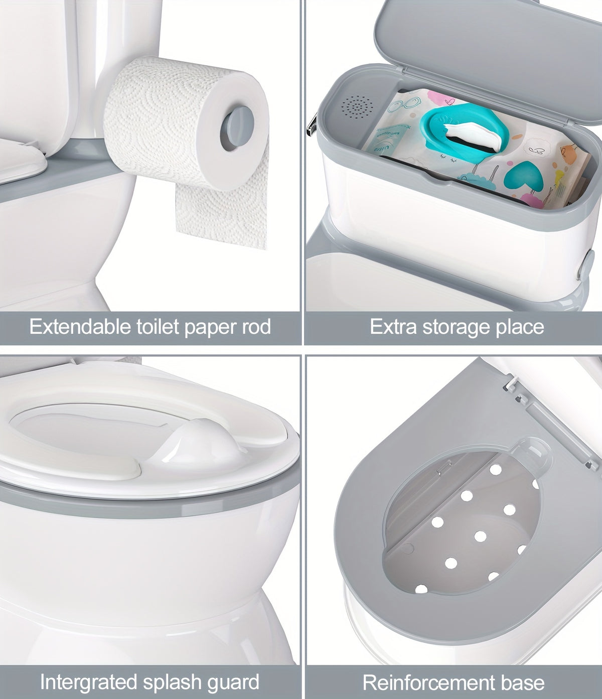 Realistic Flush Sound Potty Training Toilet 2-in-1 with Removable Training Seat, Storage Bin, Flip-Up Lid and Toilet Paper Holder, Self-Contained Kids Bathroom System for Toddlers 1-3 Years, Grey