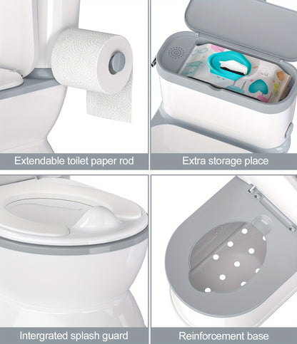 Realistic Flush Sound Potty Training Toilet 2-in-1 with Removable Training Seat, Storage Bin, Flip-Up Lid and Toilet Paper Holder, Self-Contained Kids Bathroom System for Toddlers 1-3 Years, Grey