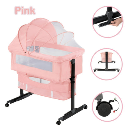 3-in-1 Mesh Bedside Sleeper Bassinet for Baby, Adjustable Infant Crib with Wheels and Storage Basket, 16 lb Frame and 33 lb Listed Infant Weight Limit