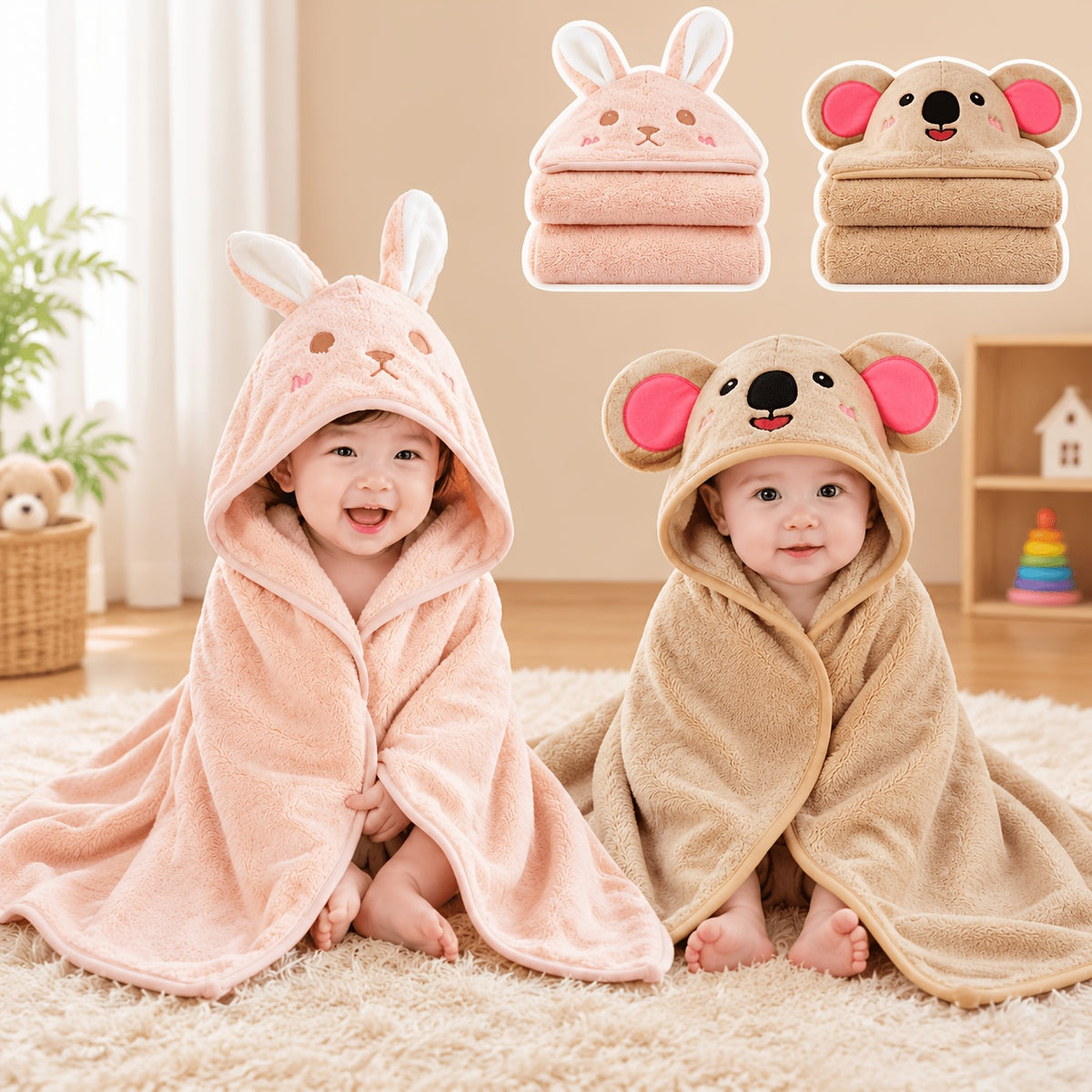 Baby Bath Towels and Swaddle Wraps for Newborns and Toddlers, Soft Absorbent Dual-Purpose Printed Towels in Two-Piece Color Sets