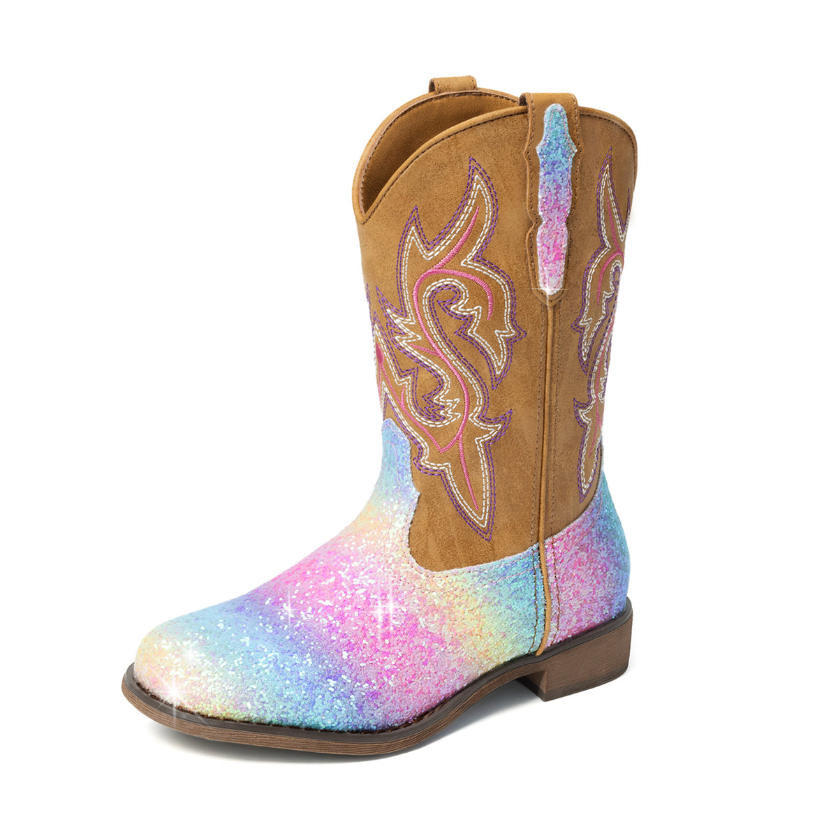 Kids Glitter Cowgirl Boots, Sparkly Western Mid-Calf Pull-On Shoes with Embroidered PU Upper, Round Toe and Easy-Grip Tabs for Girls’ Dance, Dress-Up, Parties & Everyday Play