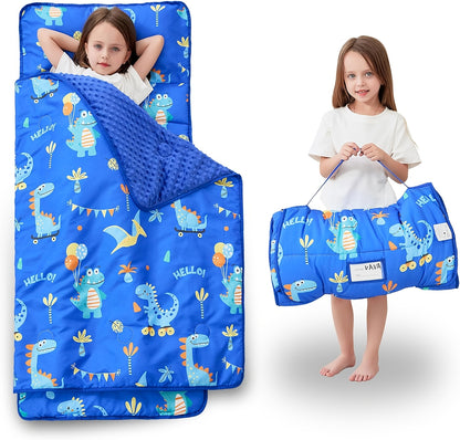 Kids Nap Mat with Pillow and Blanket for Preschool Daycare, Roll-Up Slumber Mat for Boys and Girls, Colorful Prints for Travel and Rest Time