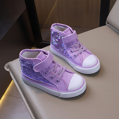 Purple Sequin High-Top Sneakers for Girls with Hook-and-Loop Closure, Lightweight Canvas-Style Casual Shoes for Toddler to Big Kid Everyday Outfits