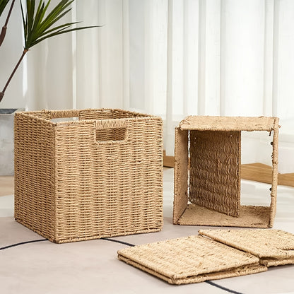 Paper Rope Storage Baskets with Handles, Foldable Handwoven 11 x 11 x 11 Inch Shelf Organizer Cubes for Nursery, Bedroom or Living Room