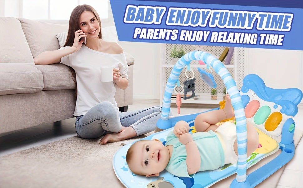Kick and Play Piano Baby Activity Mat in Blue with Light-Up Keys, 4 Detachable Sensory Toys and Mirror for Newborn Tummy Time and Floor Play