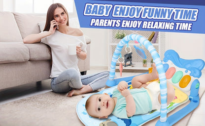Kick and Play Piano Baby Activity Mat in Blue with Light-Up Keys, 4 Detachable Sensory Toys and Mirror for Newborn Tummy Time and Floor Play