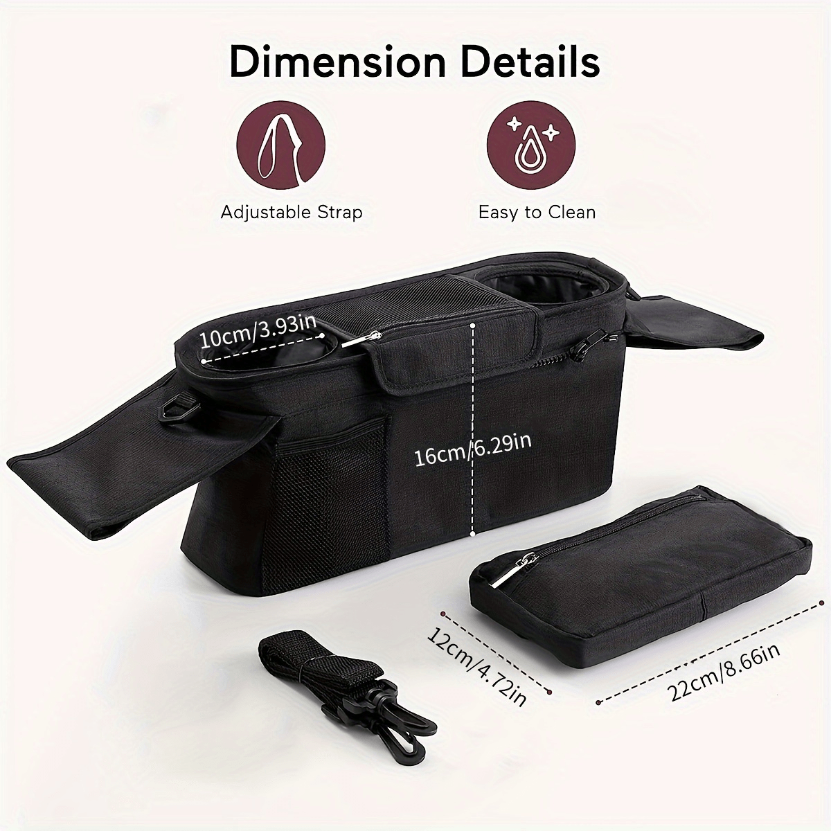 Stroller Console Bag with Dual Cup Holders, Black Hanging Organizer with Detachable Wristlet Phone Pouch and Adjustable Shoulder Strap