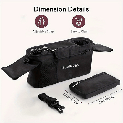 Stroller Console Bag with Dual Cup Holders, Black Hanging Organizer with Detachable Wristlet Phone Pouch and Adjustable Shoulder Strap