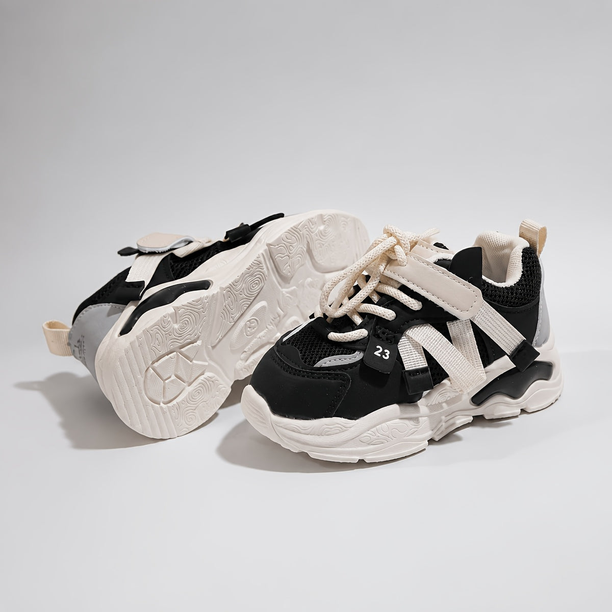 Toddler Geometric Sneakers with Breathable PU Upper, PVC Sole and Lace-Up plus Hook-and-Loop Closure, All-Season Casual Running Shoes for Ages 1-6
