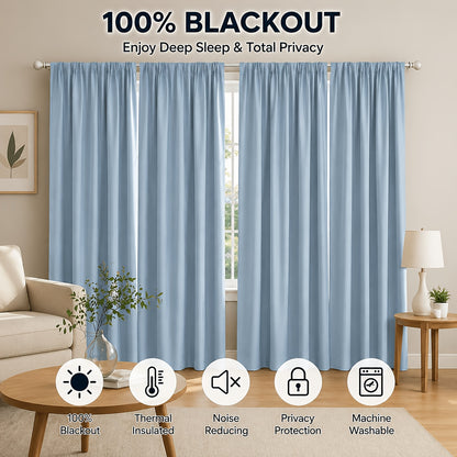 Blue Nursery Blackout Curtains 4-Panel Set, 52 x 63 Inch Coated-Lining Window Drapes with Four Hanging Methods for Bedroom Privacy