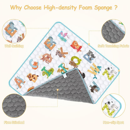 Animal Alphabet Baby Play Mat, Soft Non-Slip Foldable Crawling Floor Mat for Supervised Tummy Time, Machine Washable with Multiple Size Options