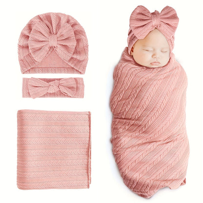 Baby Swaddle Blanket Gift Set with Matching Hat and Bow Headband, 3-Piece Newborn Wrap Accessories for Girls and Boys in Four-Season Colors