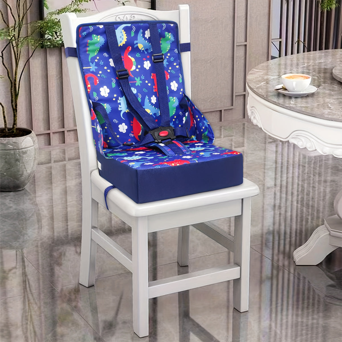 Kids Dining Chair Cushion with Backrest and Adjustable Straps, Foldable Oxford Cloth Seat Pad with Removable Washable Cover for Home and Travel