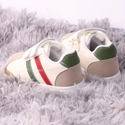 Boys Double-Strap Sneakers with Contrast Side Stripes, Thick-Sole Low-Top Casual Shoes in Black or Red Options for Toddler and Little Kid Everyday Outfits
