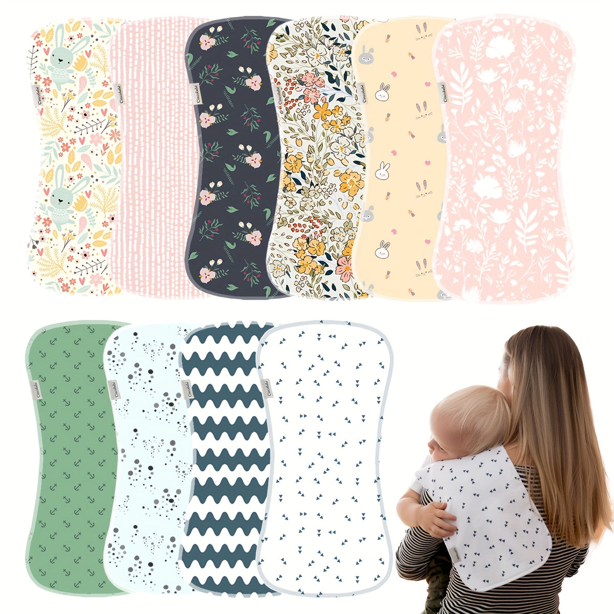 Contoured Burp Cloths 5-Pack for Newborn Feeding, Soft Absorbent Shoulder Burp Rags with Printed Pink, Blue and Mixed Color Style Options