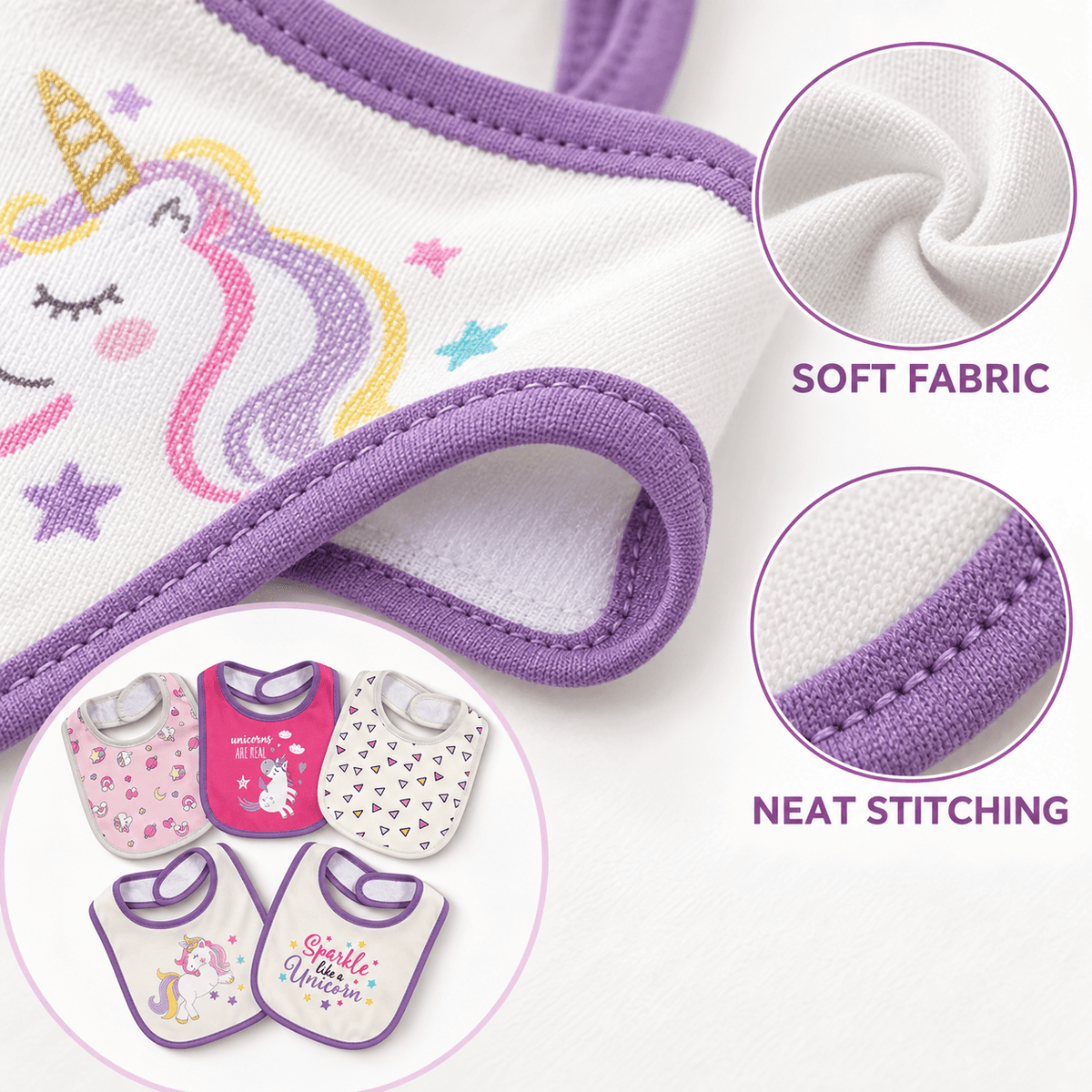 Double-Layer Cotton Baby Bibs 5-Pack with Cartoon Designs, Absorbent Adjustable Feeding Bib Set for Boys and Girls Ages 0–3 Years