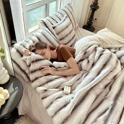 Striped Faux Rabbit Fur Throw Blanket with Flannel Back, Double-Sided Sofa and Bed Cover in Throw, Twin XL, Queen or King Sizes and Multiple Colors