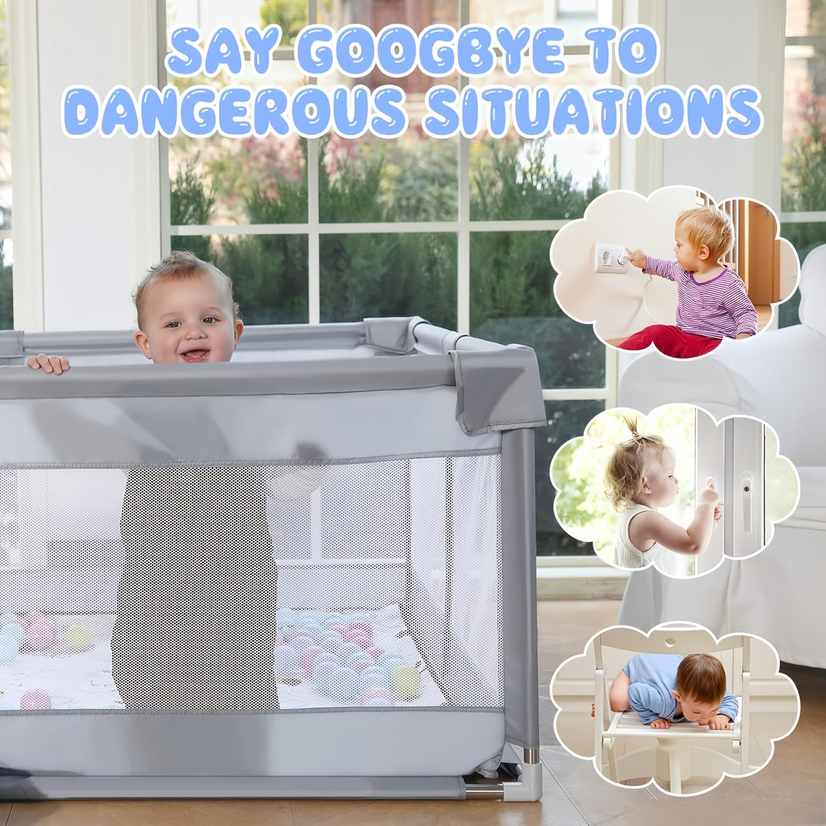 Baby Playpen with Breathable Mesh for Indoor and Outdoor Play, Large Kids Activity Yard in Beige or Gray with Multiple Size Options