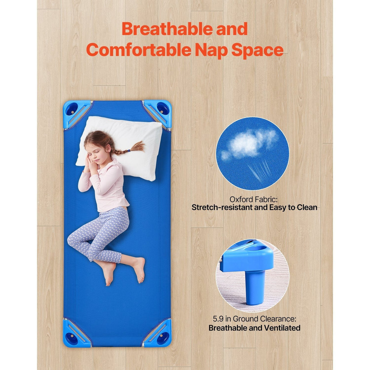 Stackable Toddler Nap Cots (Pack of 4 or 6) – Portable Daycare Sleeping Beds for Kids, 52" L x 23" W Preschool Classroom Rest Cots with Sturdy Steel Frame and Breathable Oxford Fabric, Blue