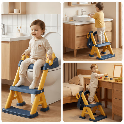 Toddler Toilet Seat with Steps, 2-in-1 Potty Training Seat with Splash Guard, Non-Slip Step Stool and Soft Mat for Boys and Girls, Cleaning Brush Included