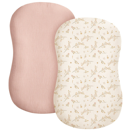 Cotton Baby Lounger Covers, 2-Pack Muslin Newborn Nest Slipcovers in Blossom Pink for Supervised Lounging and Nursery Setup