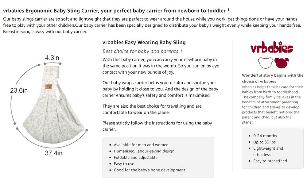 Pocketed Baby Sling Carrier for 1-24 Months, Vrbabies Lightweight Front Carry with Adjustable Shoulder Strap in Yellow Flower or Blue Porcelain