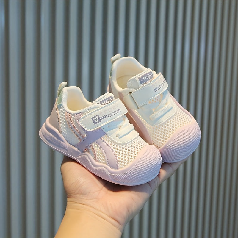 Toddler Mesh Strap Sneakers with Contrast Panels, Breathable Spring and Summer Walking Shoes for Boys and Girls in Pink, Camel or Blue, US Toddler Sizes 4-9