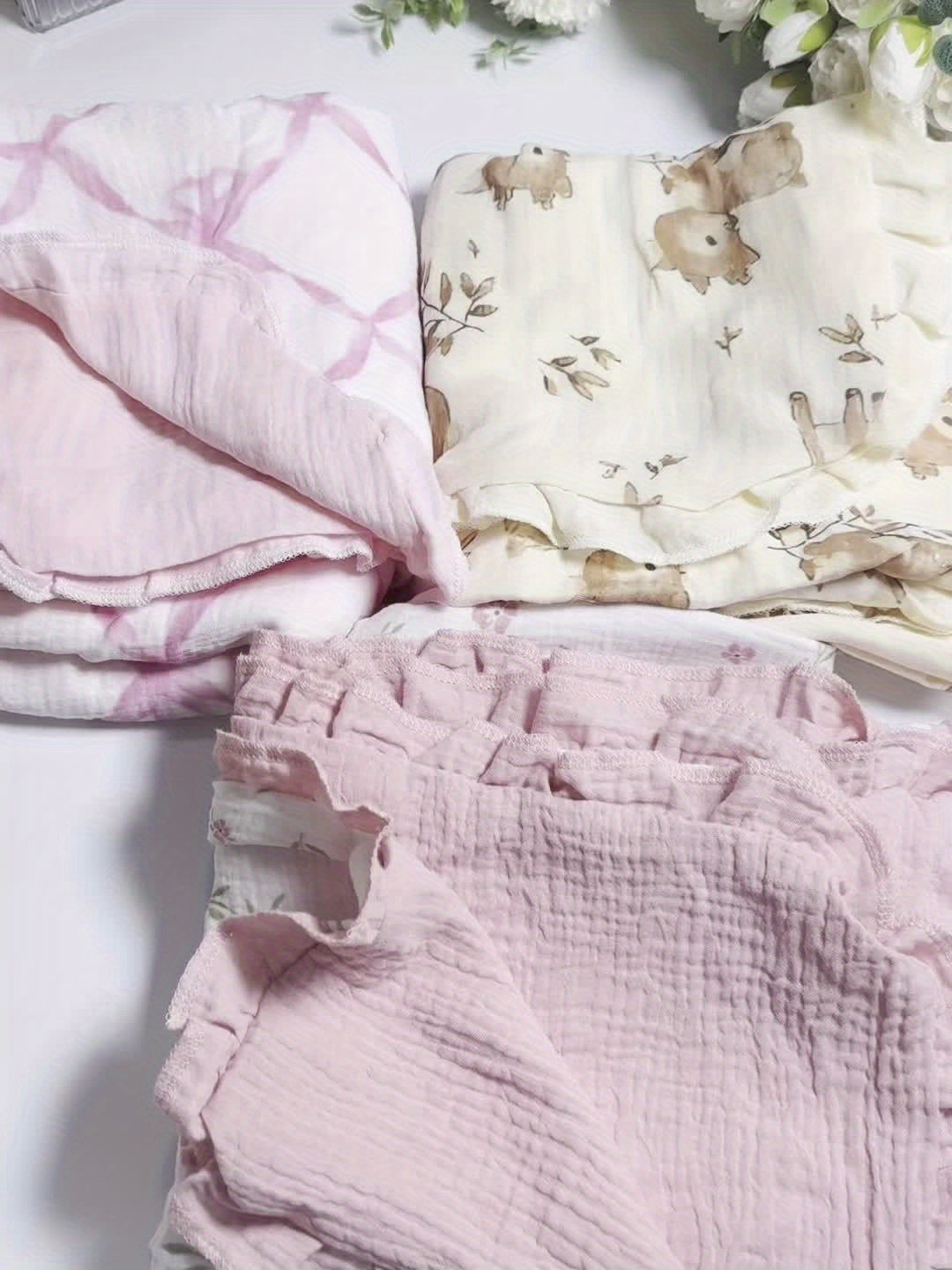 Flounce Muslin Baby Blanket for Infants and Toddlers, 40 x 36 Inch Lightweight Cotton Nursery Blanket with Pink, Fawn and Bowknot Options