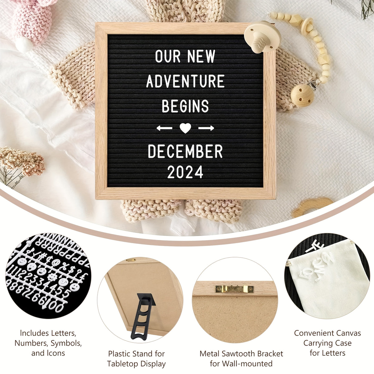 Pregnancy Announcement Kit for Family Reveals, 4-Piece Coming Soon Gift Set with Felt Letter Board, Baby Onesie, Booties and Wooden Sign for Grandparents or Dad