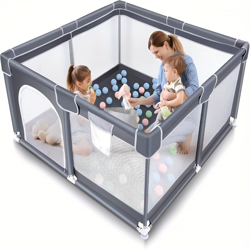 Baby Playpen Fence with Soft Breathable Mesh, Indoor Outdoor Kids Activity Enclosure in Gray or Beige with Size and Mat Bundle Options