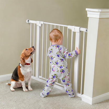 Adjustable Metal Gate 27-43 Inches Wide for Home Openings, Black or White Barrier for Doorway Planning and Family Spaces, Check Fit Before Installation