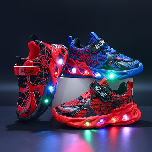 Kids Light-Up Spider Web Sneakers with Breathable Mesh Upper, LED Flashing Athletic Shoes for Boys and Girls in Red or Blue for Everyday Wear