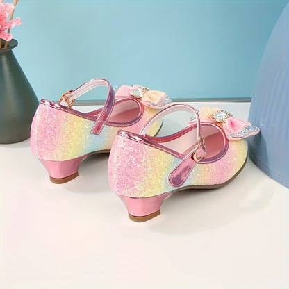 Girls Iridescent Dress Shoes with Bow and Heart Charm, Sparkly Round-Toe Heels with Hook-and-Loop Strap for Weddings, Parties and Performances