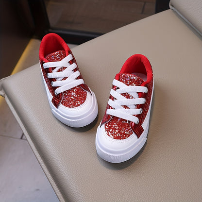 Kids Glitter Lace-Up Sneakers in Red, Low-Top Sequin Skate-Style Shoes with Soft Breathable Lining for School Outfits, Parties and Spring Fall Casual Wear