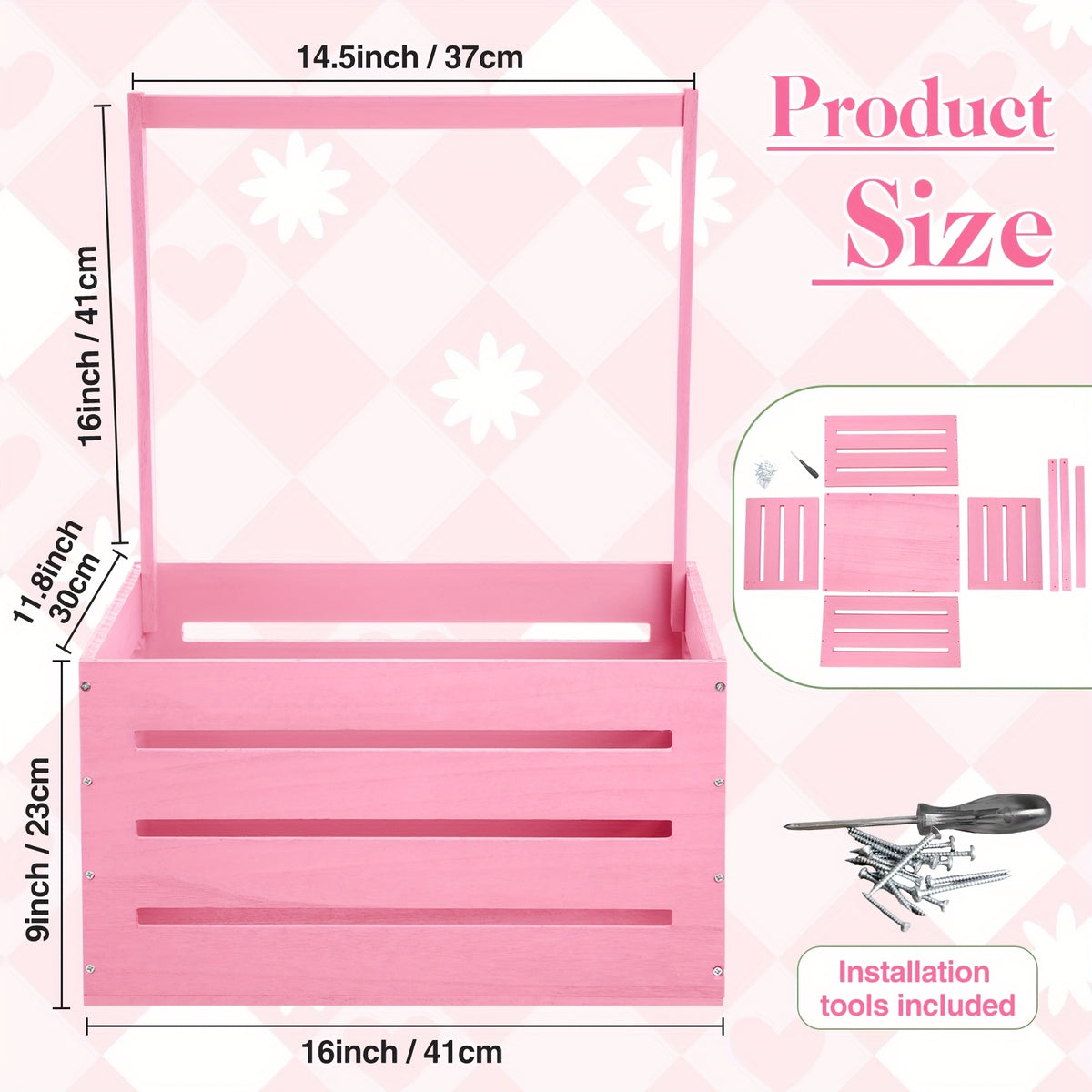 Wood Shower Storage Crate with Handle - Multi-Use Baby Shower Gift Basket & Diaper Storage Organizer, Solid Wood Keepsake Box for Onesies, Diapers and Samples, Gender Reveal Party Gift (Pink & Classic)