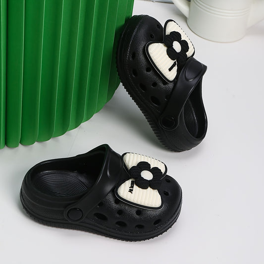 Kids EVA Bow Clogs for Girls, Thick-Sole Anti-Slip Slip-On Shoes in Black or Beige for At-Home Wear and Everyday Casual Outfits