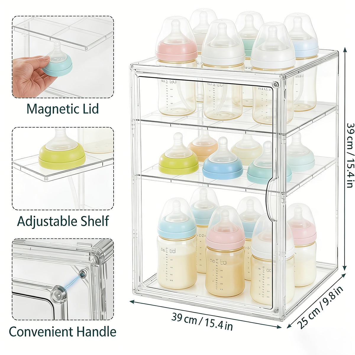 Clear Baby Bottle Storage Organizer with Covered Access and Divided Shelves, Small or Large Feeding Supply Storage Box for Countertop Organization