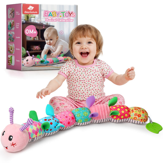 Musical Caterpillar Baby Toy, Plush Sensory Animal with Crinkle Sounds, Rattle and Colorful Textured Segments for Supervised Tummy Time Play