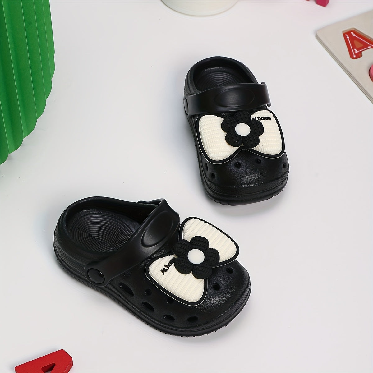 Kids EVA Bow Clogs for Girls, Thick-Sole Anti-Slip Slip-On Shoes in Black or Beige for At-Home Wear and Everyday Casual Outfits