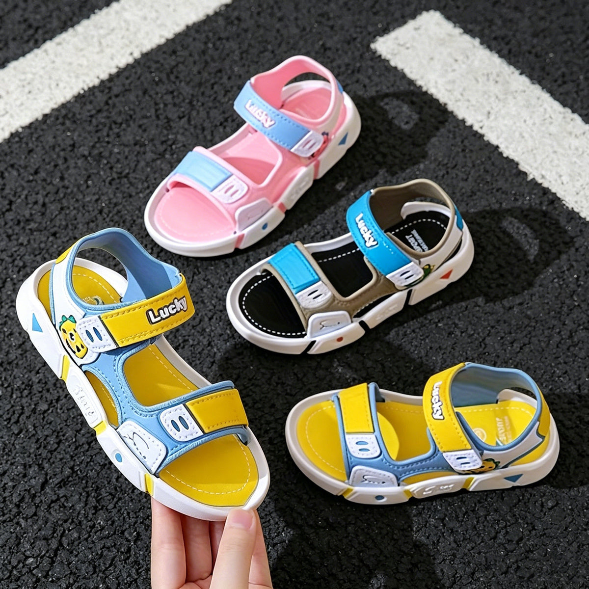Kids Beach Sandals with Cartoon Style, Lightweight Breathable Summer Shoes with Soft Elastic Soles for Toddler Boys and Girls in Three Colors