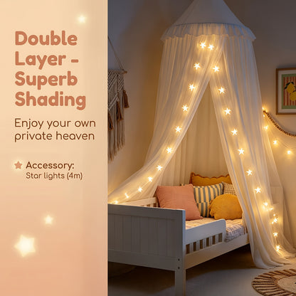Princess Bed Canopy Tent with Star Night Light, Hammock Style Kids Bed Curtain Dome Mosquito Net, Double Layer Dustproof Breathable Reading Nook Drape for Toddler and Adult Beds, Machine Washable, White Pink Purple