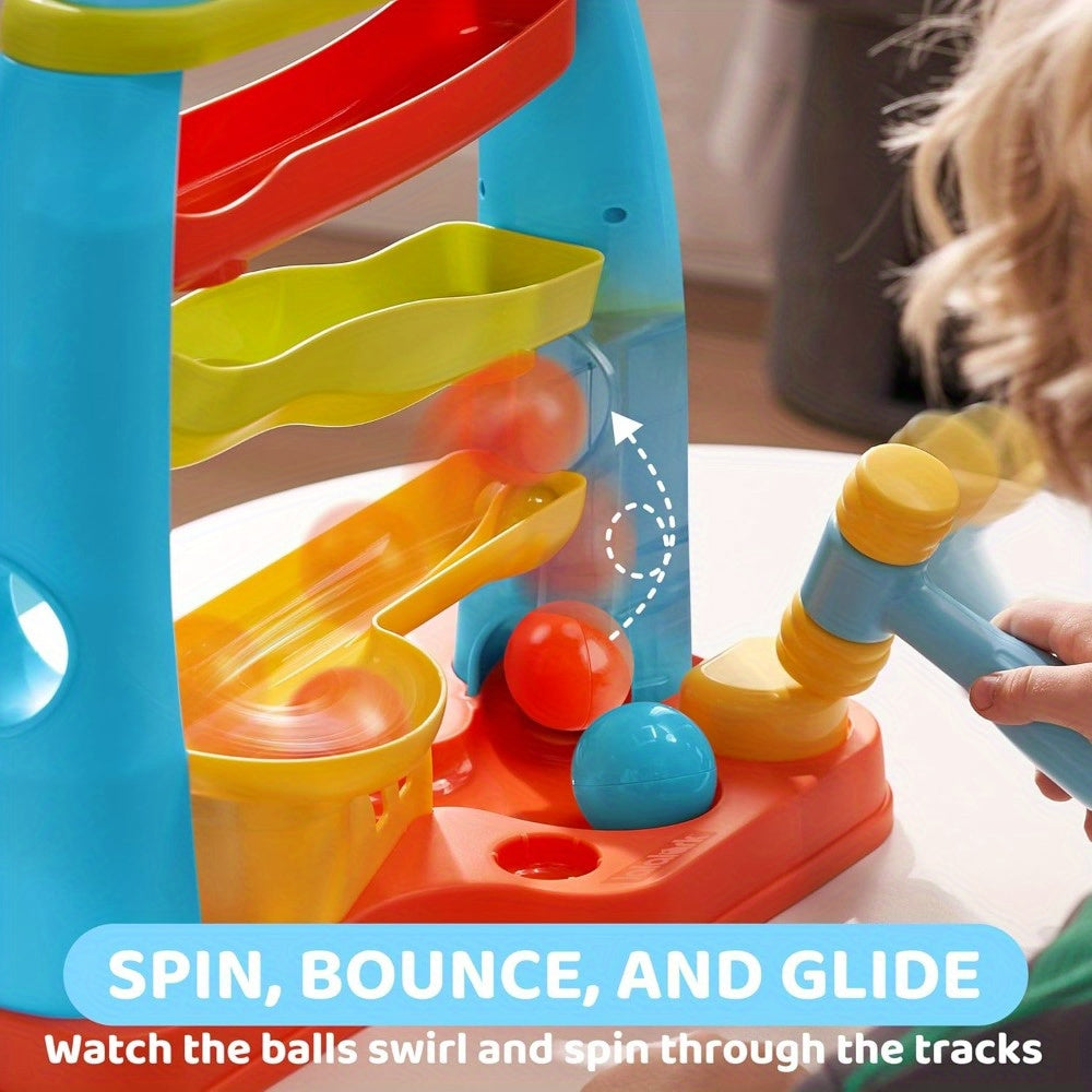 Toddler Ball Drop Toy with Hammer, Four-Tier Pounding and Rolling Track with 5 Colorful Balls for Cause-and-Effect Play, Ages 18 Months and Up