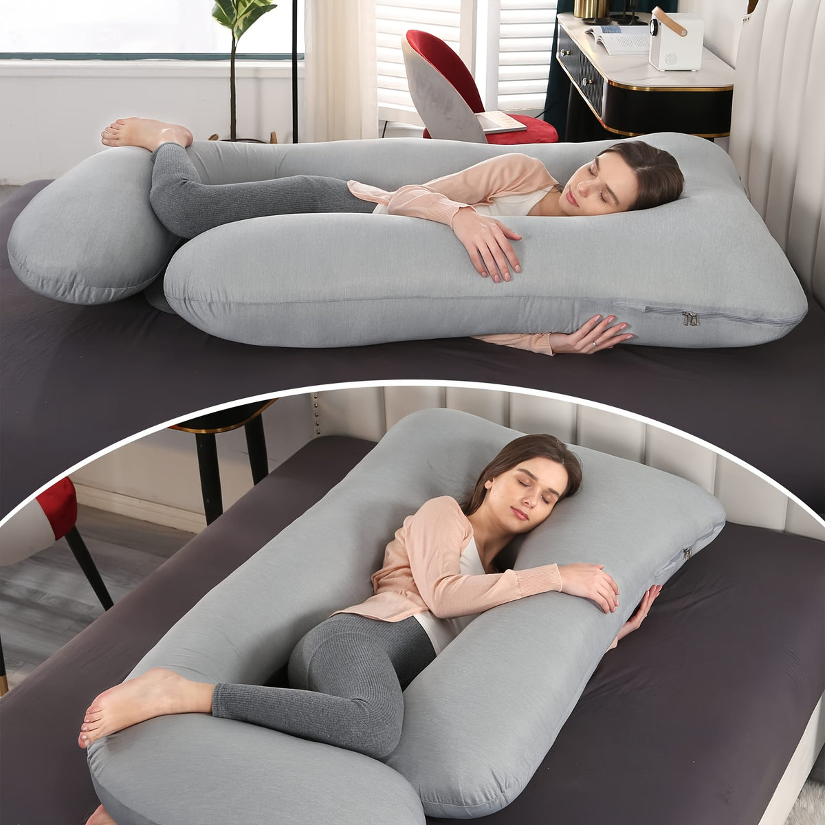 J-Shaped Full Body Pregnancy Pillow, 62-Inch Maternity Pillow with Removable Pillowcase, Large Size Back to Leg Support for Comfortable Pregnancy Sleep, Great Baby Shower and Holiday Gift