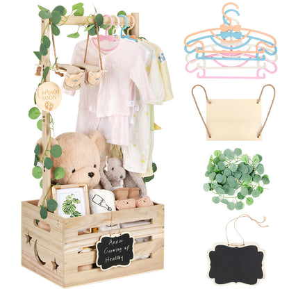 Wooden Baby Shower Gift Crate with Handle, Large 4-in-1 Assembly Basket for Pregnancy and New Parent Gift Displays and Keepsake Storage